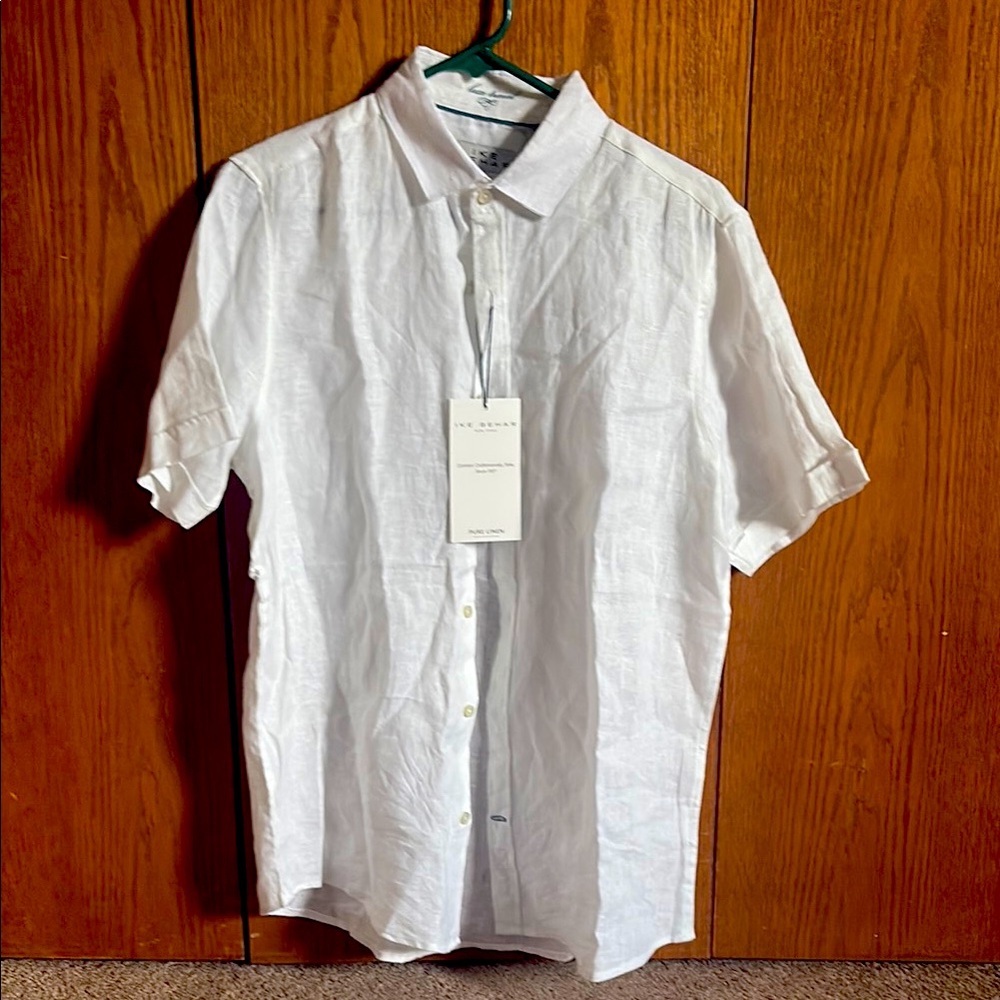 Ike Behar white linen, short sleeved, button-down, travel, shirt men’s small new